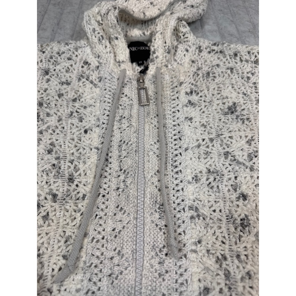 Nic+Zoe Womens XS White Grey Space Dye Open Knit Full Zip Hoodie Sweater